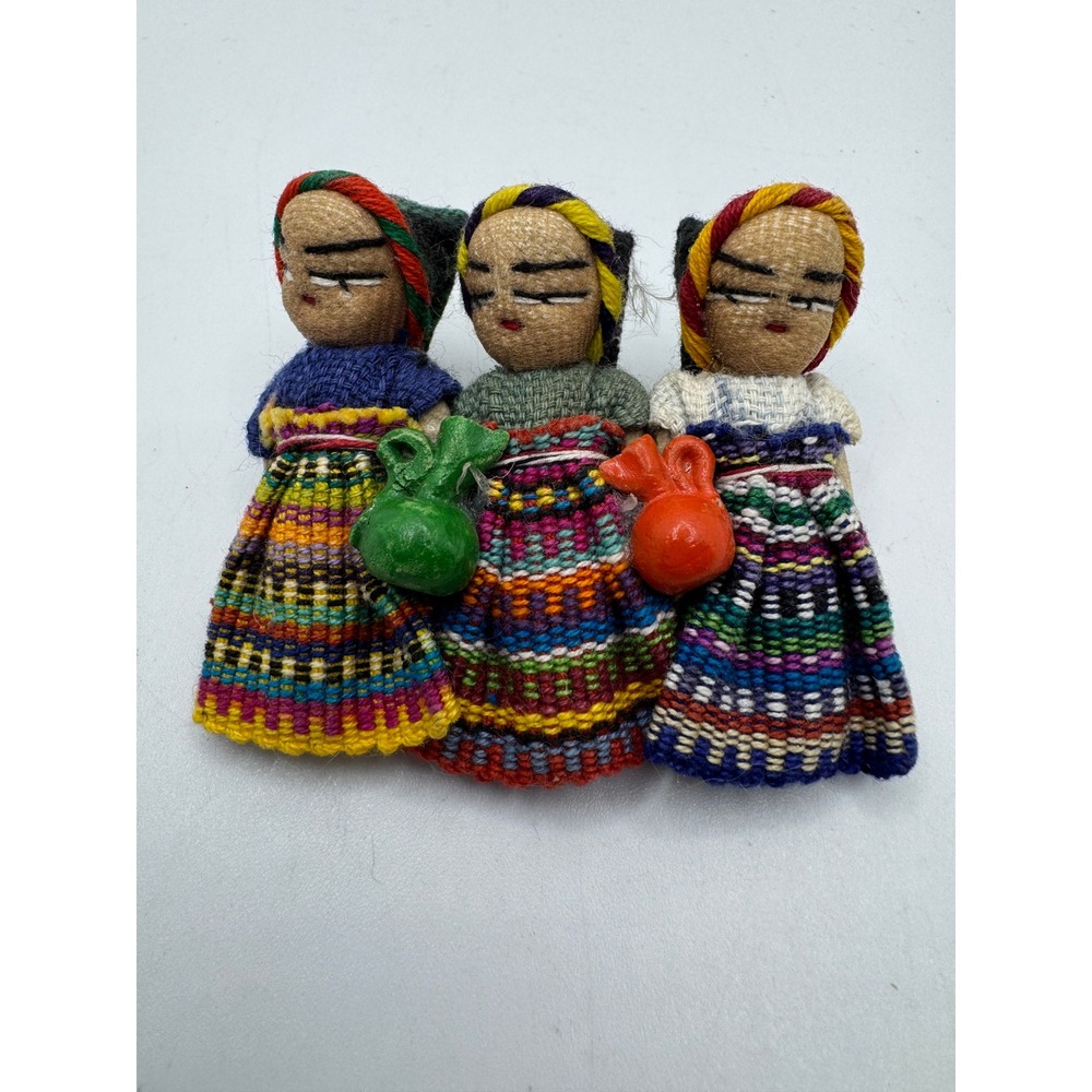 Vintage Guatemalan Worry Doll Brooch Three Figures Hand Woven Textile Pin